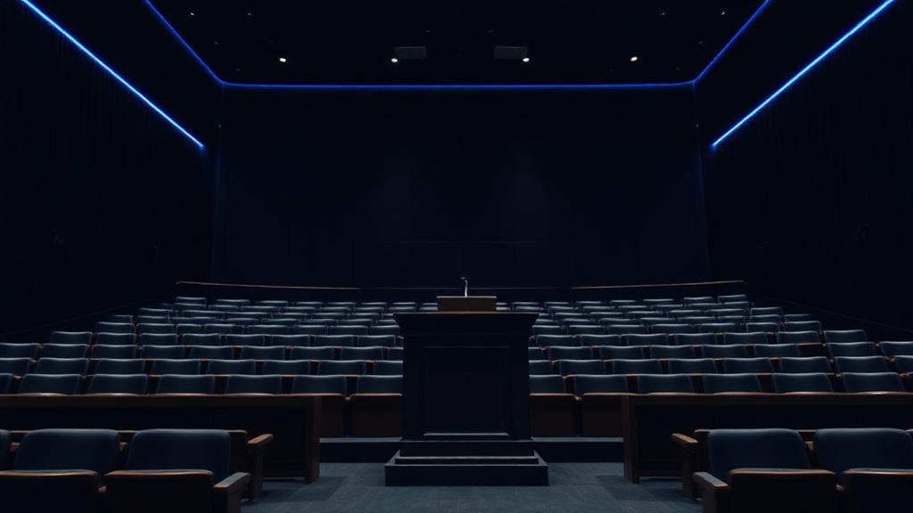 Moot court lectern in a dim law school auditorium