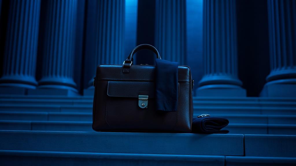 Attorney briefcase on courthouse steps at night